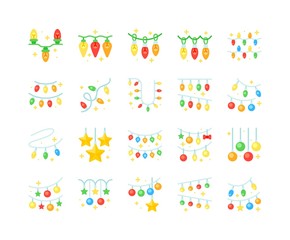 Christmas lights vector icon set, flat style