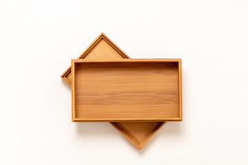 open wooden box with lid on white background, mock up