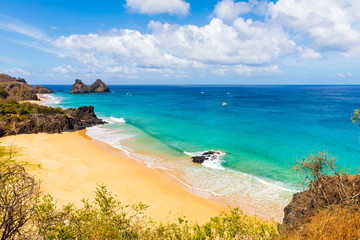 Beautiful view of Americano and Cacimba do Padre beaches in Fernando de Noronha and Morro dos Dois Irmãos in the background
