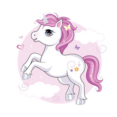 Cute little unicorn character over pink round background. Vector.