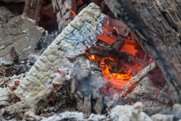 Burnt logs and fire flames close-up. Abstract background