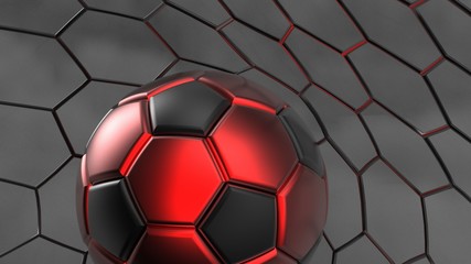 Red-Black Soccer Ball in the Goal Net under black-white lighting with dark blue toned foggy smoke background. 3D illustration. 3D CG. High resolution.