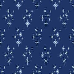 Scandinavian stars on dark blue background seamless pattern. Simple, classic  style for winter holidays, Christmas, birthdays, stargazing. Great for gift boxes, wrapping paper,  textiles, packaging. 