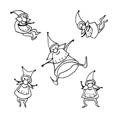 Vector set of five merry Santa Claus. Hand painted christmas coloring page book. Black and white illustration. New Year coloring page book