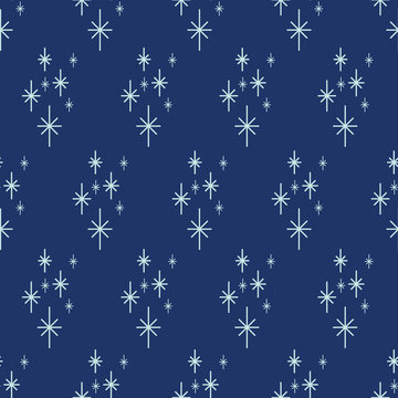 Scandinavian Stars On Dark Blue Background Seamless Pattern. Simple, Classic  Style For Winter Holidays, Christmas, Birthdays, Stargazing. Great For Gift Boxes, Wrapping Paper,  Textiles, Packaging. 