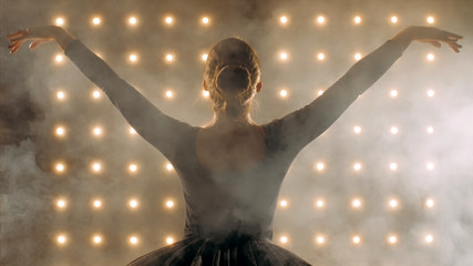 Silhouette of ballerina in black tutu is dancing ballet in the dark studio with smoke and the lights on the background. © alexeg84