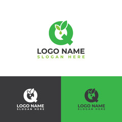 Initial Q letter leaves with water droplets. Minimalist and modern cannabis leaf design