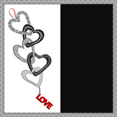 Greeting card with chain hearts and a red keychain for the word love with a dark background for the words of congratulation