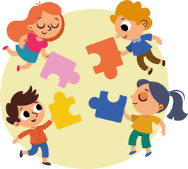 Four children are coming together for make a big puzzle. Vector illustration.