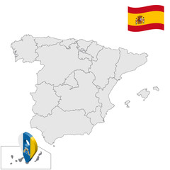 Location of Canary Islands on map Spain. 3d Autonomous Community Canary Islands location sign similar to the flag of Canary Islands. Quality map with regions Kingdom of Spain. Stock vector. EPS10.