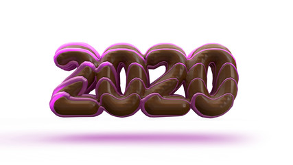 Christmas figure made in 2020 in the form of chocolate donuts poured on top of a pink caramel. New Year sign. 3d rendering isolated on white background