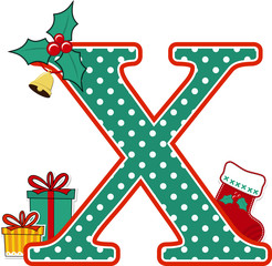 Obraz premium capital letter x with polka dots pattern and christmas design elements isolated on white background. can be used for holiday season card, nursery decoration or christmas celebration invitation