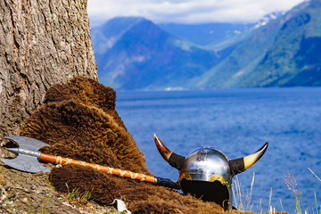 Viking helmet on fjord shore, Norway