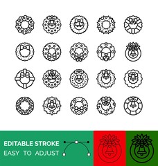 Christmas Wreath vector icon set, line style