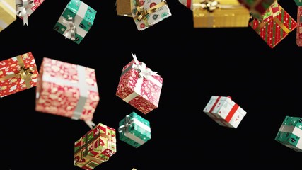 Christmas Gifts Falling On Black with Alpha Matte 4K Looping Animation