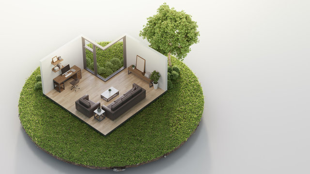 Home office and living room near big tree on tiny earth land with green grass in real estate sale or property investment concept. Isometric low poly part of house 3d rendering.