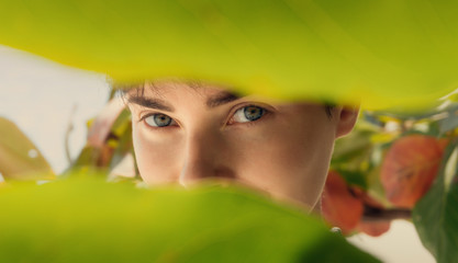 Beauty Woman Face With Green Leaves Around Face. Skin care, pure beauty, cosmetics concept .Young green-eyed girl looking through  leaves, closeup. 