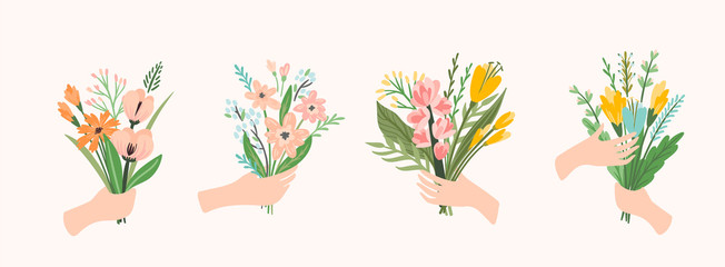 Vector illustration bouquets of flowers in hands. Design template