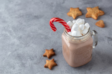 Hot chocolate with milk, marshmallows and a sugar cane in a glass mug with ginger cookies on a gray background.