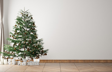 Mock up Christmas Tree, Winter Decoration with Gift Boxes in White Background and wooden floor, , 3D render, 3D illustration