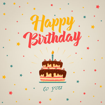 Birthday card with cake and colorful stars in flat design