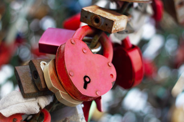 Metal locks. A bunch of locks. Heart locks. A symbol of love and loyalty for the newlyweds. Symbol of all lovers. Valentine's day.