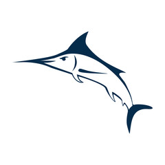 Marlin fish logo. Swordfish fishing emblem. Angry marlina. Design elements for fisherman club or tournament. Big game hunting. Vector illustration.