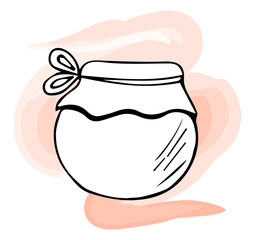 Honey in a glass jar hand drawn outline doodle icon. Glass jar with honey and stick line icon for infographic
