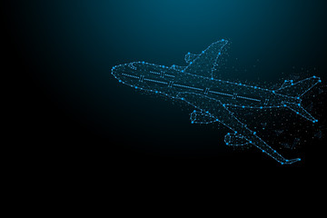 Abstract plane shark form lines and triangles, point connecting network on blue background.