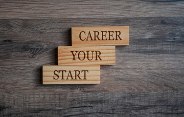 Wooden pieces with start your career on wooden background
