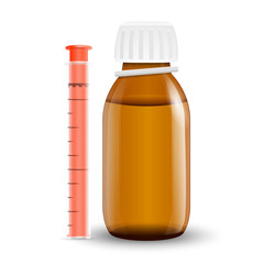 Childrens syrup from temperature. Glass bottle with medicines.