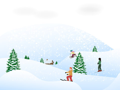 vector illustration of the winter scene, the family relaxes in winter in the village