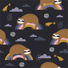 Sloths, stars, rainbow and clouds hand drawn backdrop. Colorful seamless pattern with animals. Decorative cute wallpaper, good for printing. Overlapping background vector. Design illustration
