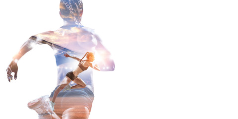 Athlete woman on white. Mixed media