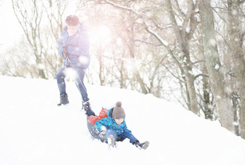 Children in the park in winter. Kids play with snow on the playground. They sculpt snowmen and slide down the hills.