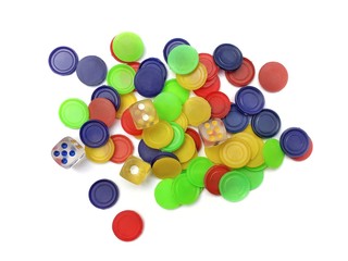 Ludo dice and colorful tokens isolated on white background