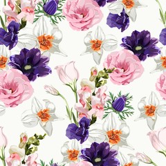 Floral Seamless Pattern with pink eustoma, narcissus, anemones, spring flowers and leaves. Spring Blooming Flowers on white Background.