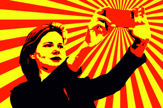Contemporary art collage in pop art style with a girl takes photo on cell phone. Zine culture concept.