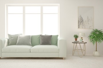 Stylish room in white color with sofa. Scandinavian interior design. 3D illustration