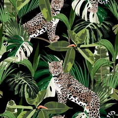 Foto op Plexiglas Cheetah and leopards palm leaves tropical watercolor style in the jungle seamless vector background. Black backdrop. © Iuliia