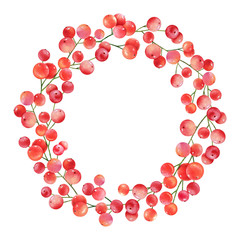 Frame with watercolor red berreis on white background.