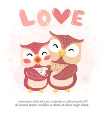 Woodland Owls in love, Valentine animal character.  idea for child and kid printable stuff and t shirt, greeting card, nursery wall art, postcard
