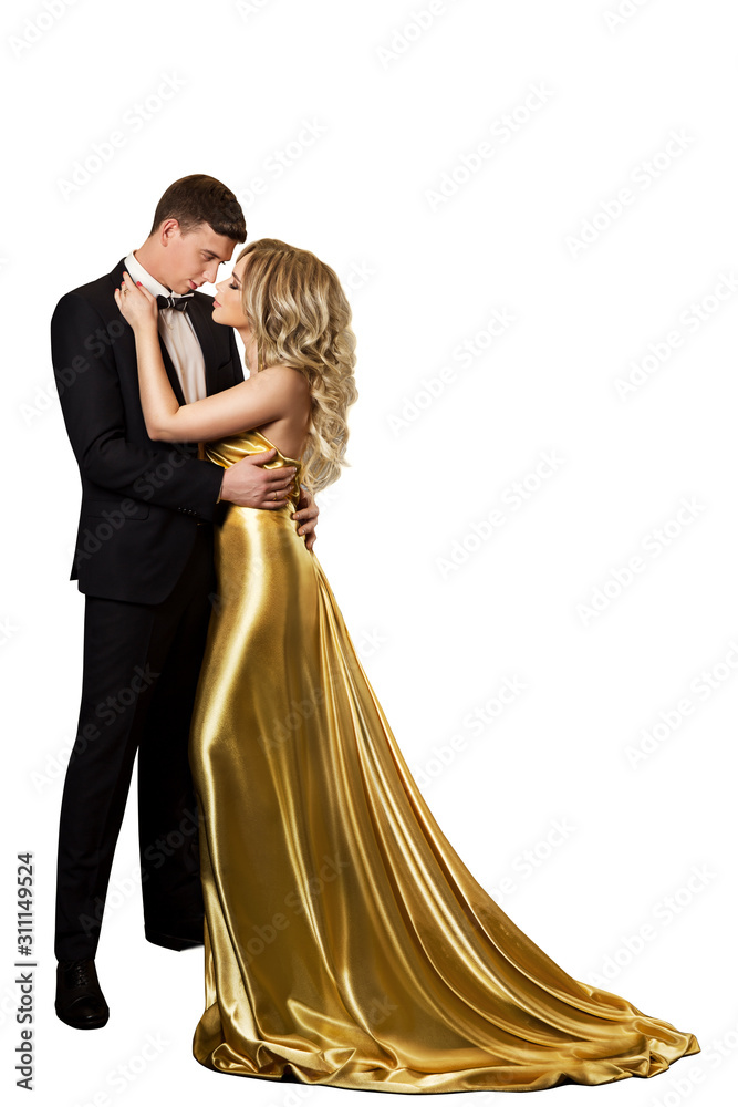 Wall mural Couple Beauty Portrait, Beautiful Woman in Gold Dress and Elegant Man, isolated over white background