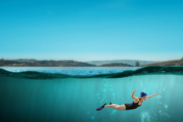 Fototapeta na wymiar Swimmer in flippers. Mixed media