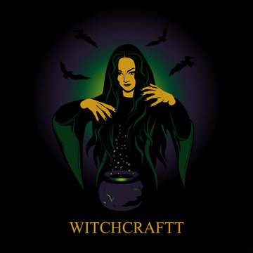 Vector image of a witch conjures. Witch conjures over a vase with a potion.