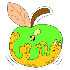Vector illustration of cute and fun apple cat and little worm in cartoon style.