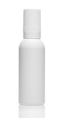Photo of one abstract blank white spray bottle isolated on white background, aerosol spray can, metal or aluminium bottle without label, new and clear condition
