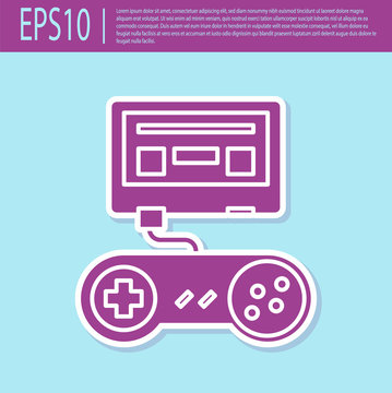 Retro Purple Video Game Console With Joystick Icon Isolated On Turquoise Background. Vector Illustration