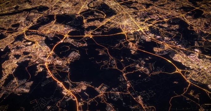 Aerial night view of city of Moscow, Russia. Traffic and street light glowing. Camera flying above space filming cinematic straight and tilting down. 3d animation rendering.