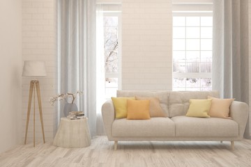 Stylish room in white color with sofa and winter landscape in window. Scandinavian interior design. 3D illustration